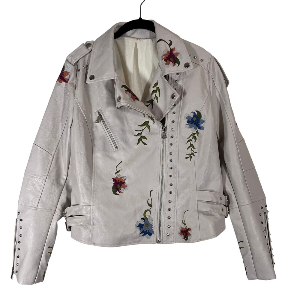 Bollrllr Women Floral Print Embroidered Faux Leather Jacket Lapel Collar Size L
